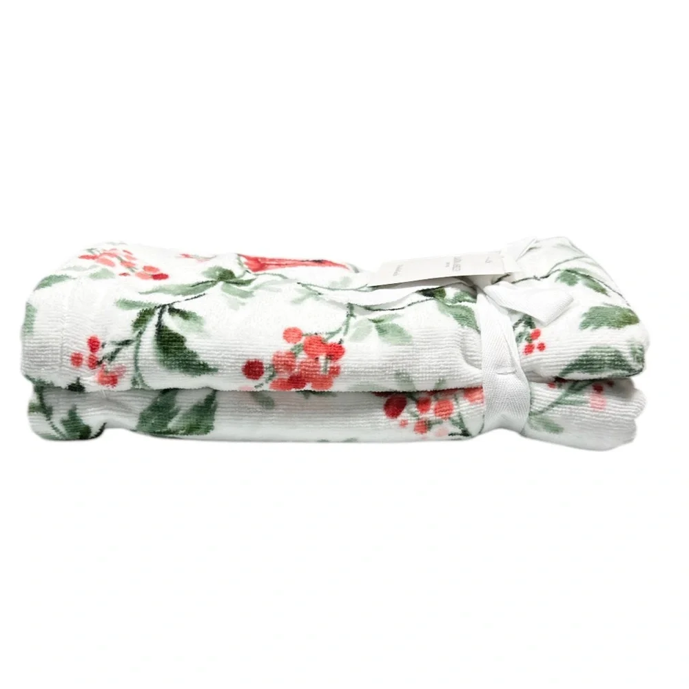 NEW Laura Ashley JOLLY CARDINALS EVERGREEN Hand Towel Set/2